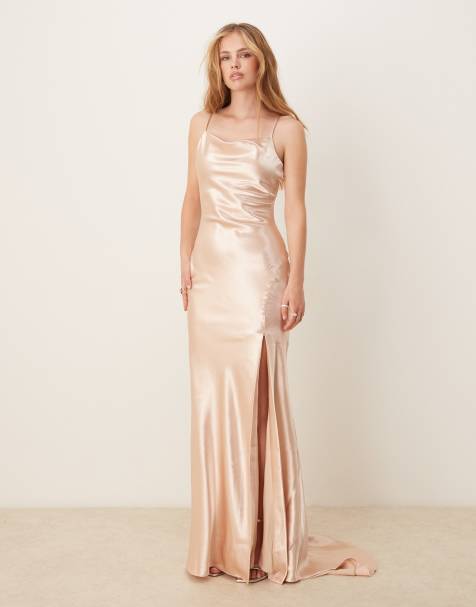 True Decadence V neck midi dress in champagne satin - view 1