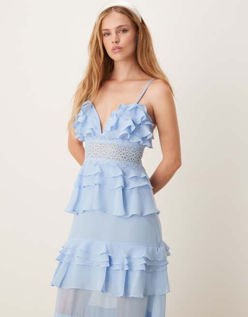 true decadence dress blue Saige Mineral Blue V-neck Tiered Tulle Maxi Dress