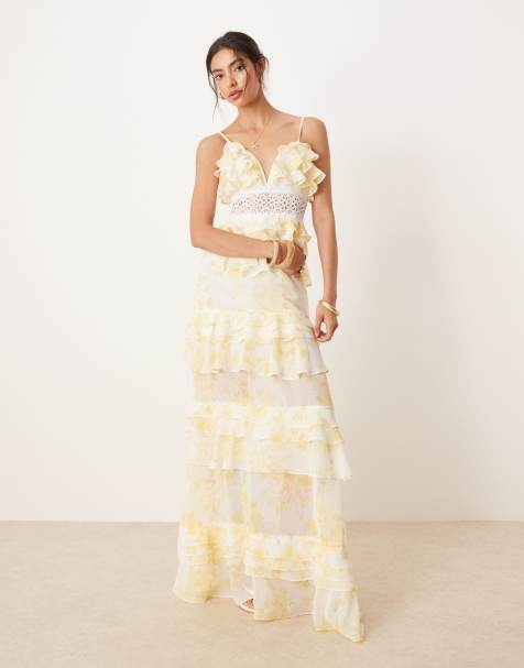 True Decadence V neck midi dress in yellow watercolour floral