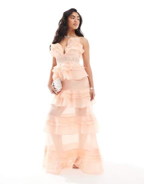 True Decadence V-neck ruffle maxi dress in soft peach