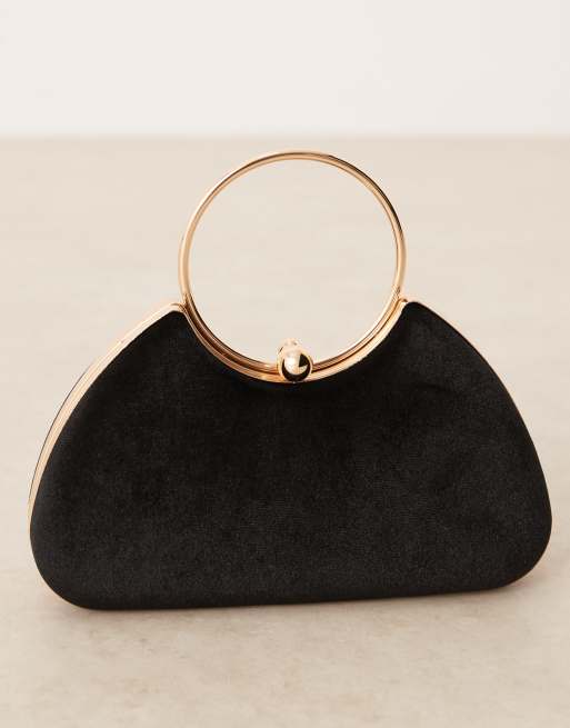 True Decadence velvet clutch bag with detachable crossbody strap in black and gold, 2 of 4