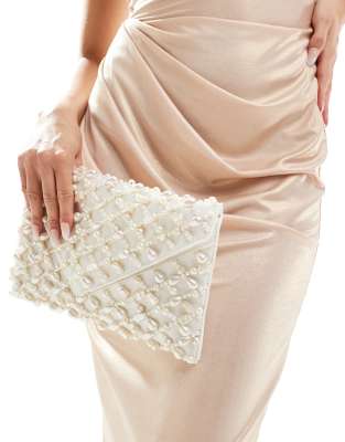 True Decadence - Verzierte Clutch-Tasche aus Satin in Cremeweiß-Silber