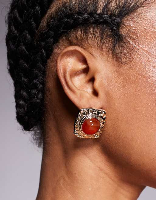 True Decadence vintage style stud earrings with amber stone in gold tone