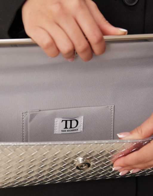 True Decadence woven detailing elongated clutch purse in silver , 3 of 4