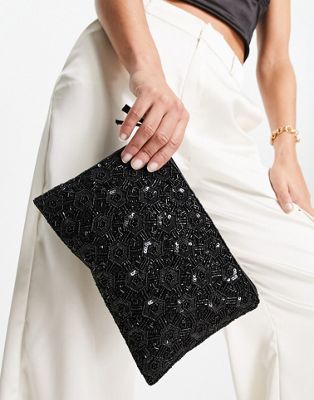 True Decadence zip top embellished clutch bag in geometric black beading