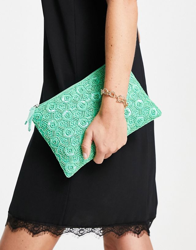 True Decadence zip top embellished clutch bag in geometric green beading