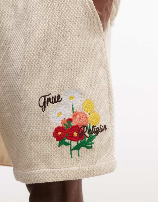 True Religion - Afbleget sandfarvede strikkede shorts med blomstermønster - Del af sæt, 3 af 5