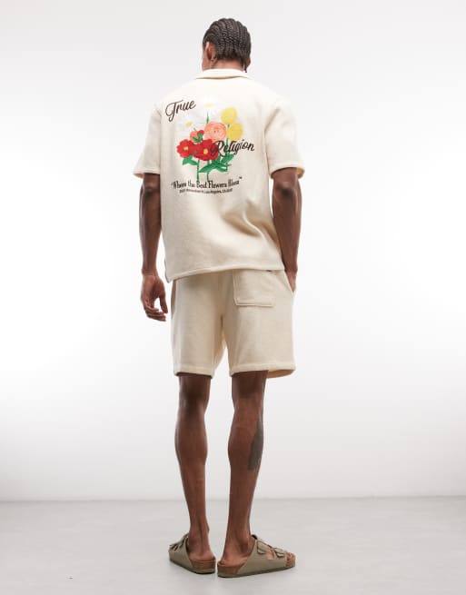 True Religion - Afbleget sandfarvede strikkede shorts med blomstermønster - Del af sæt, 4 af 5