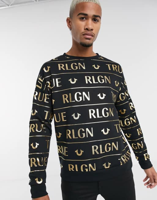 True Religion all over foil print sweatshirt in black ASOS