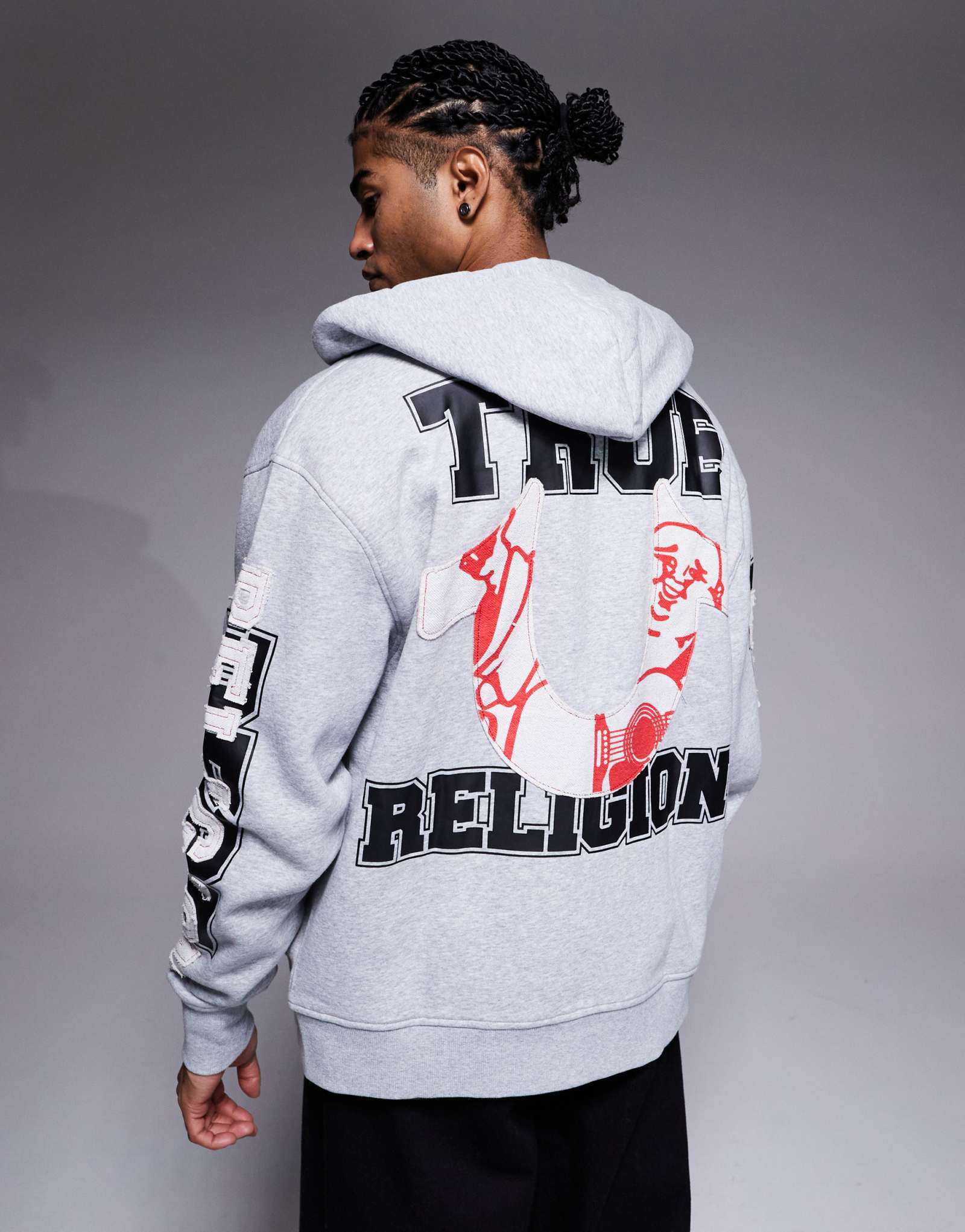 Толстовка с капюшоном серого цвета с аппликацией с логотипом True Religion
