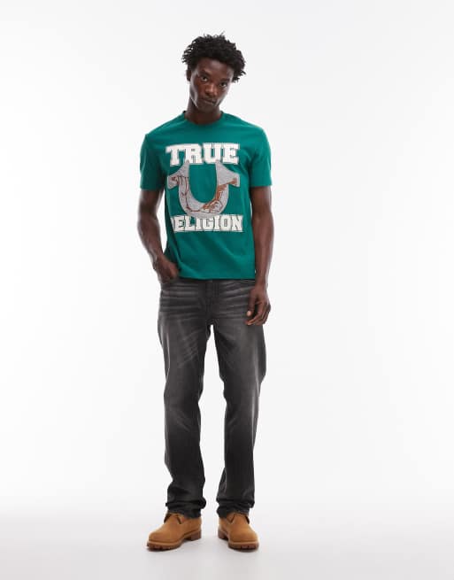 True Religion applique logo detail t-shirt in green, 2 of 5