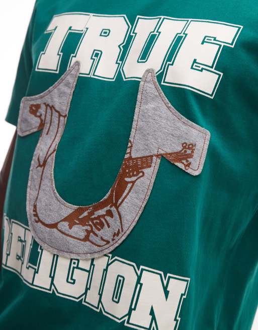 True Religion applique logo detail t-shirt in green, 4 of 5