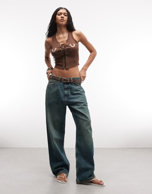 True Religion applique ribbed lace up tank top in fondue fudge, 2 of 4