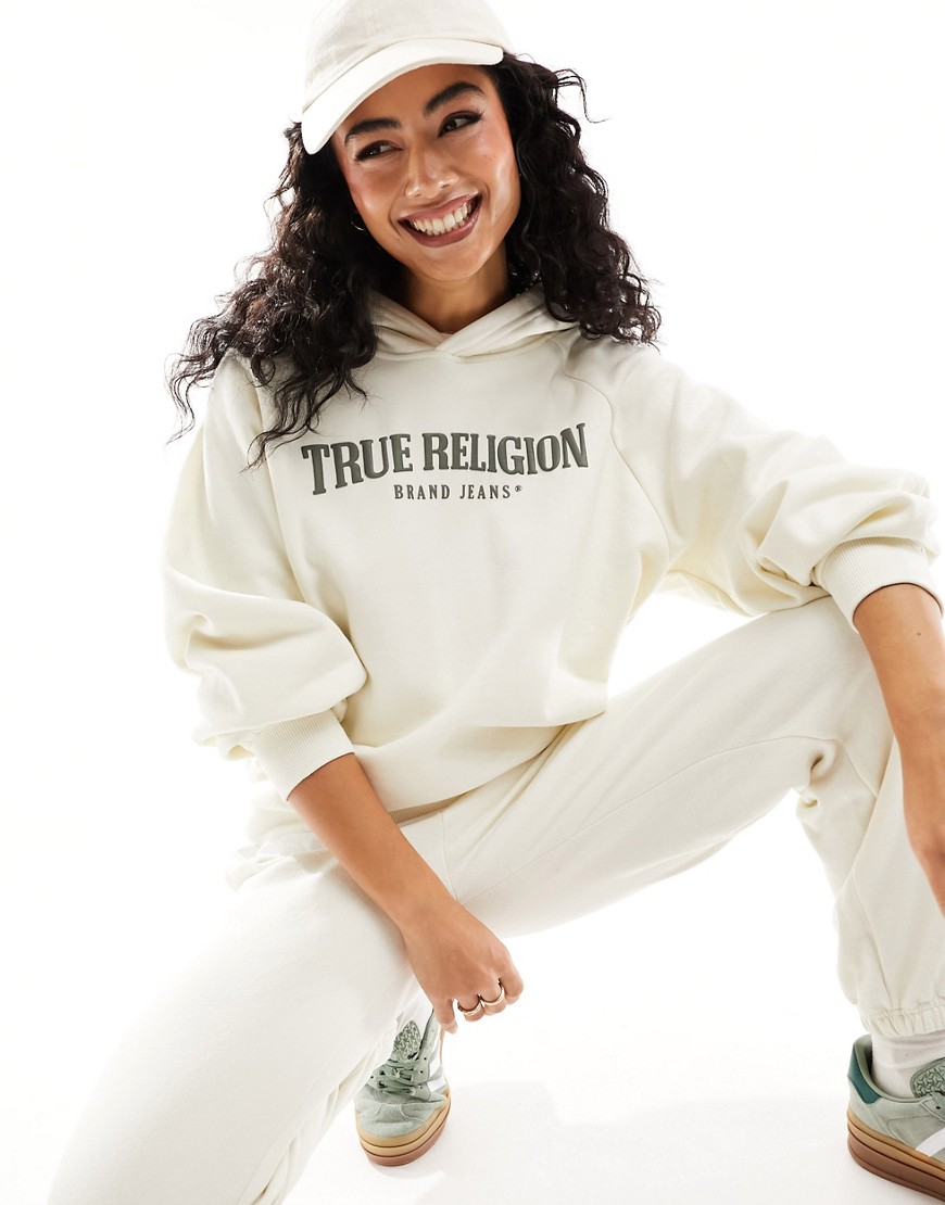 True Religion arch logo boyfriend hoodie co-ord in white