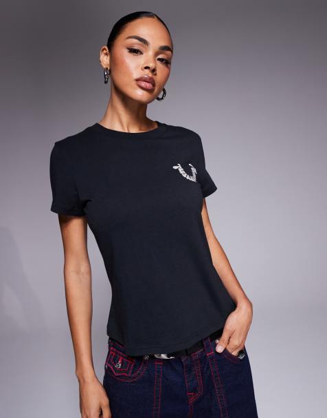 True Religion - Baby tee met kristallen logo op de achterkant in antracietgrijs - view 1