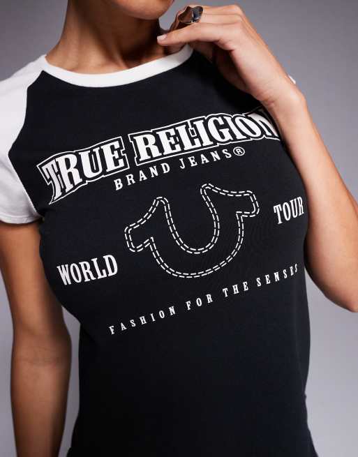 True Religion - Baby tee met logo en raglanmouwen in zwart en wit, 2 van 4