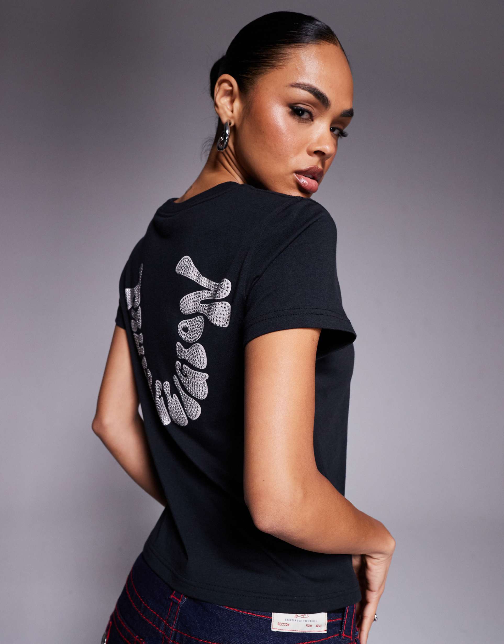 true religion baby tee with rhinestone logo back and front prints in black