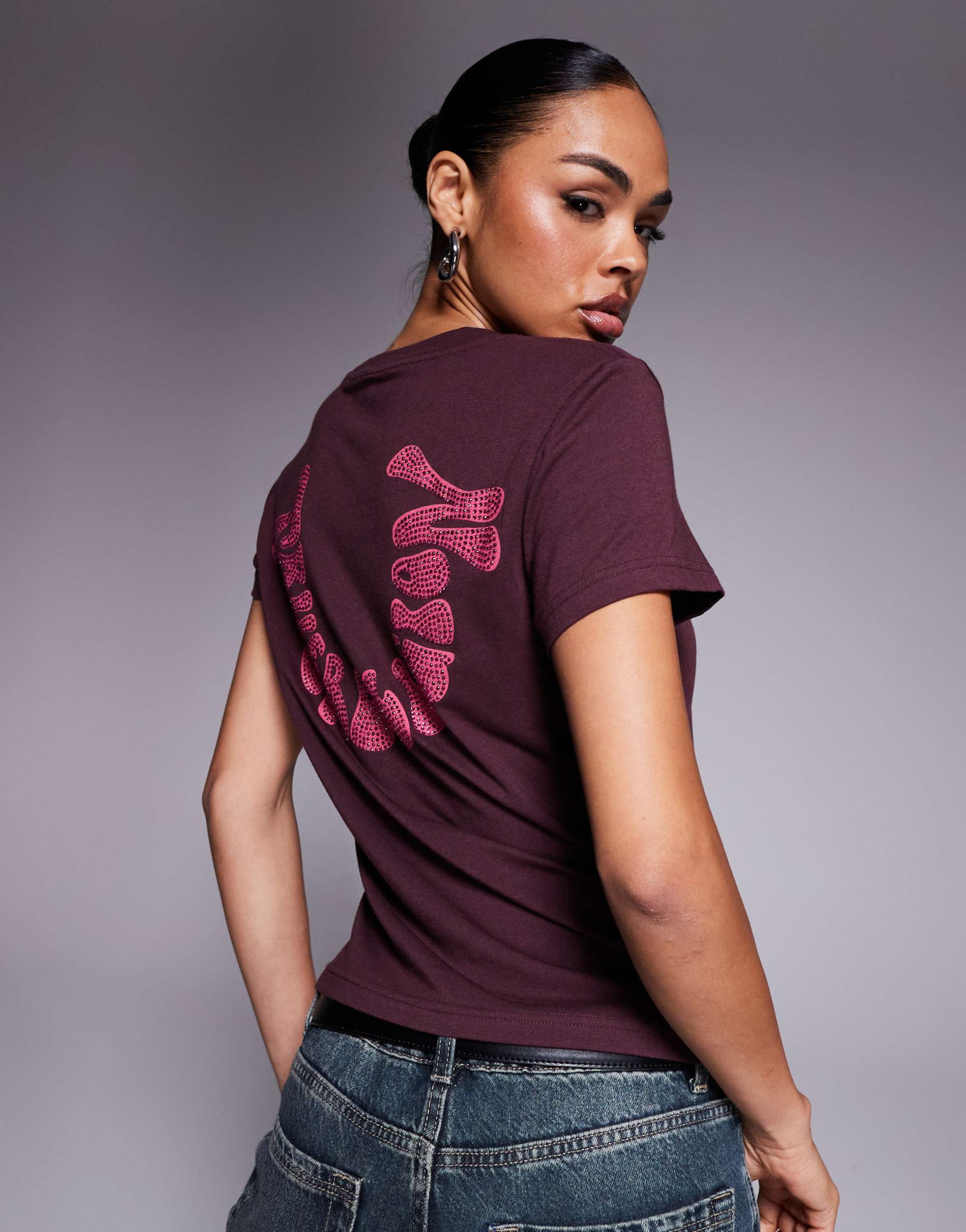 true religion baby tee with rhinestone logo back print in burgundy