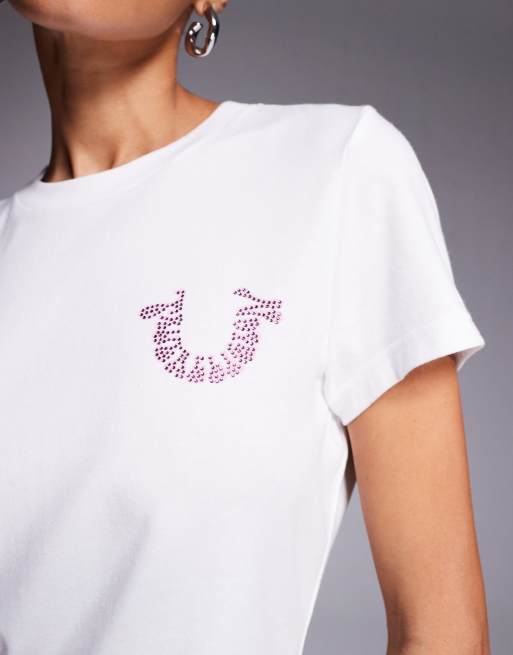 True Religion baby tee with rhinestone logo back print in white | ASOS