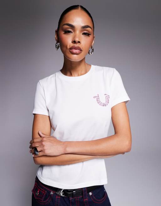 True Religion baby tee with rhinestone logo back print in white | ASOS