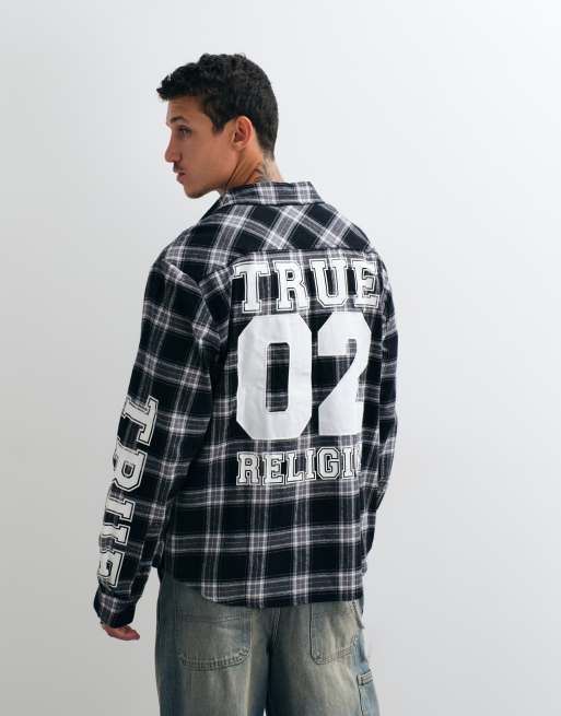 True Religion back print flannel shirt in black/grey, 3 of 5