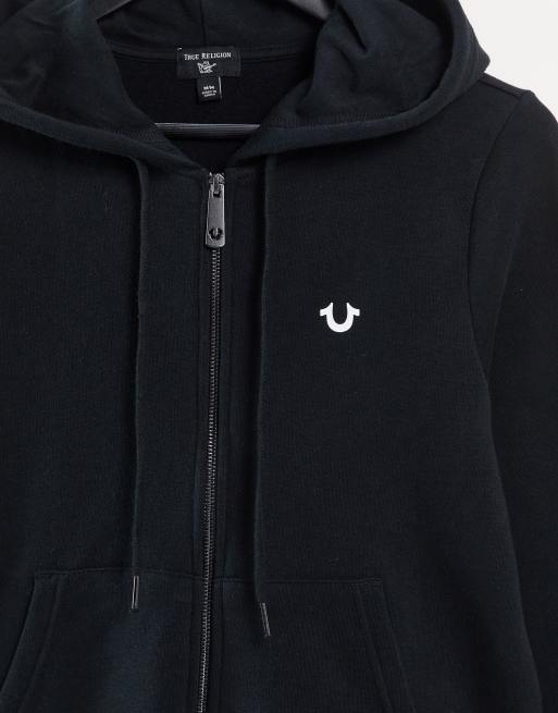 True Religion back print logo zip up hoodie in black