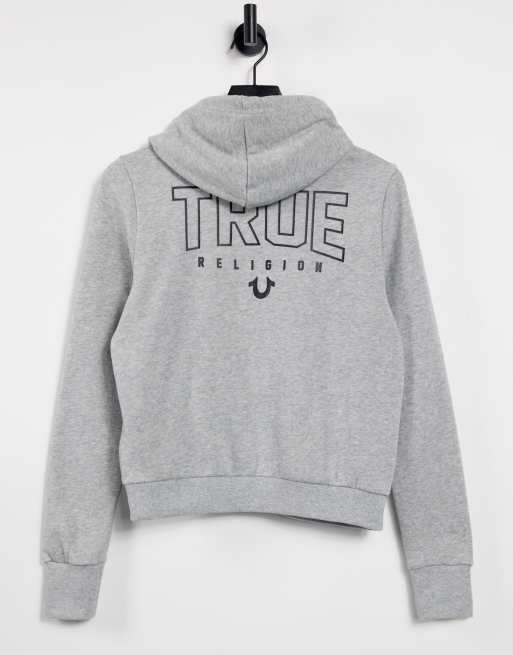 True Religion back print logo zip up hoodie in heather gray