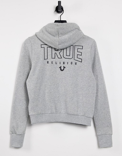 True Religion back print logo zip up hoodie in heather grey