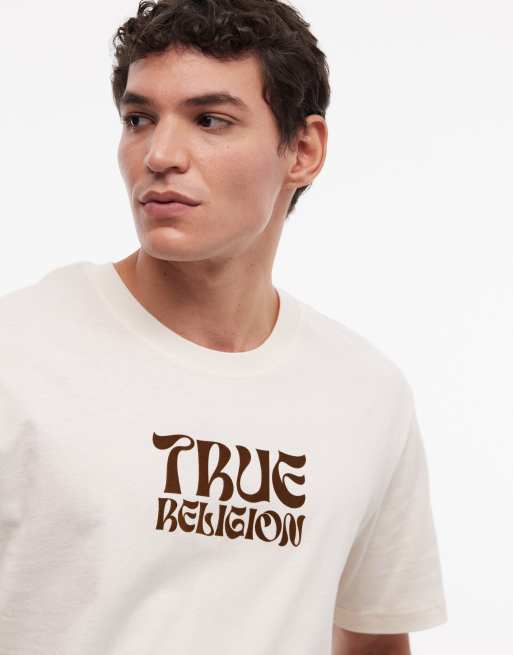 True Religion – Biały T-shirt z logo i motywem twarzy Buddy, 4 z 5