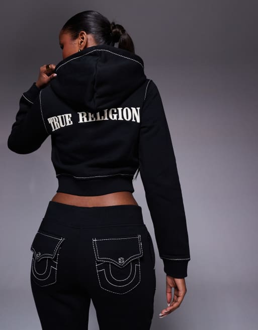 True Religion - Big T - Felpa con cappuccio corta nera con cuciture a contrasto e zip in coordinato