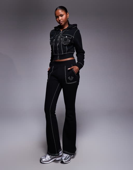 True Religion - Big T - Felpa con cappuccio corta nera con cuciture a contrasto e zip in coordinato, 3 di 4