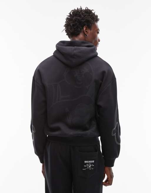 True Religion - Big T - Felpa con cappuccio nera con zip e logo in coordinato, 3 di 5