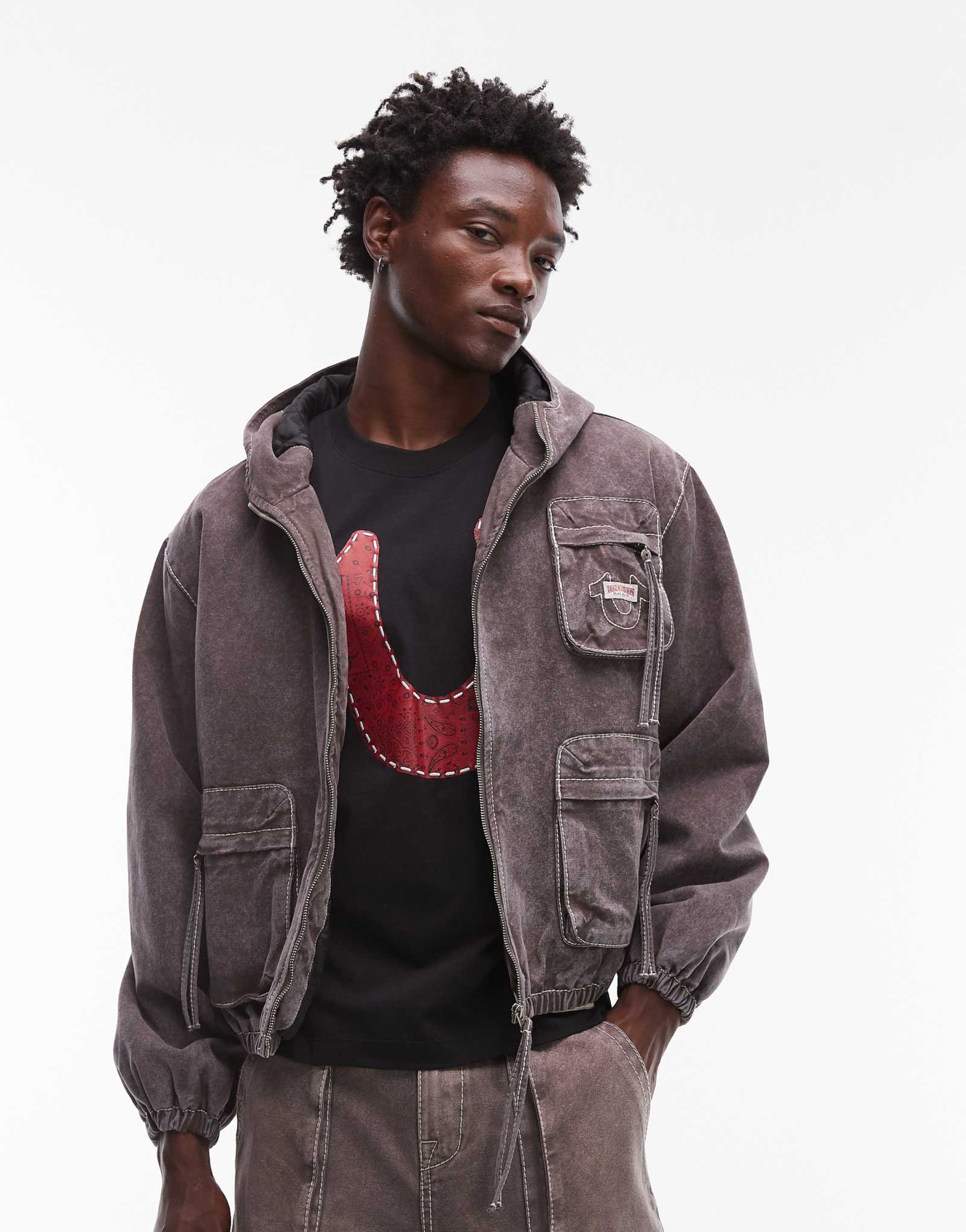 Рабочая куртка True Religion Big T с капюшоном коричневого цвета, постиранная