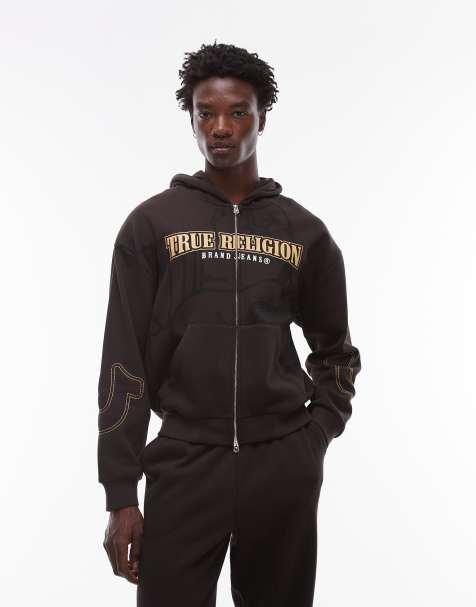 True Religion Big  T logo detail zip through hoodie co-ord in brown - view 1