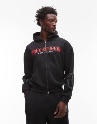 True Religion Big T Logo Detail Zip Through Hoodie In Black