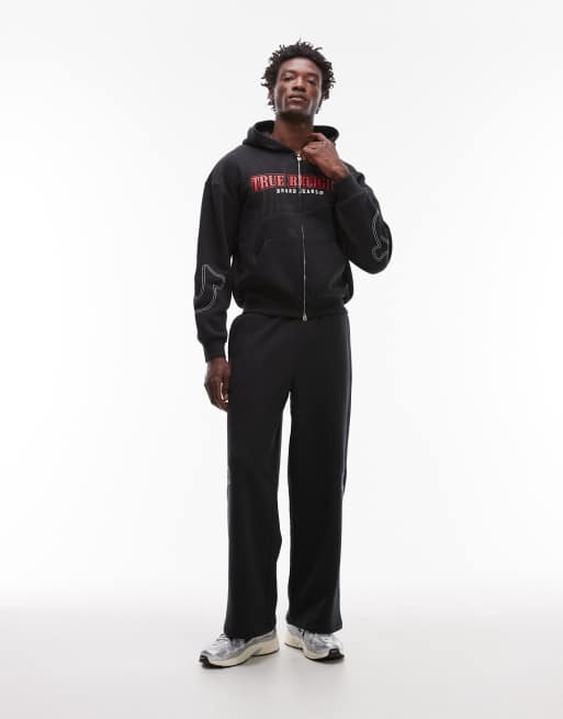True Religion Big T logo detail zip through hoodie in black