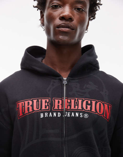 True Religion Big T logo detail zip through hoodie in black part