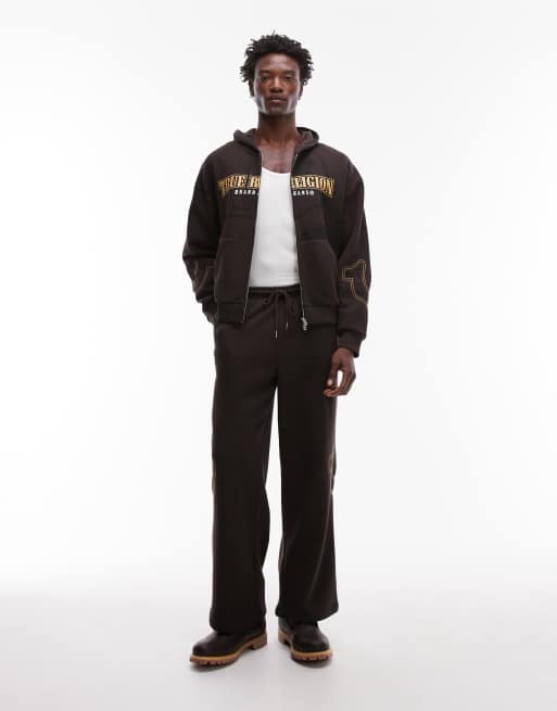 True Religion Big T logo detail zip through hoodie in brown | ASOS