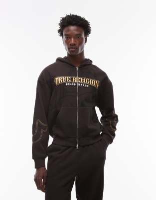 True Religion Big T Logo Detail Zip Up Hoodie In Brown