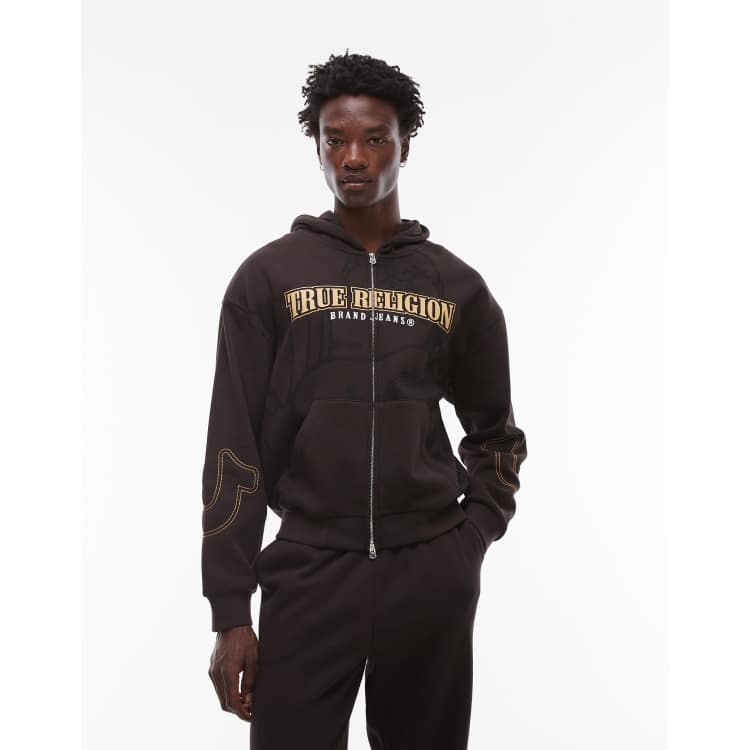 True Religion Big T logo detail zip up hoodie in brown - part of a