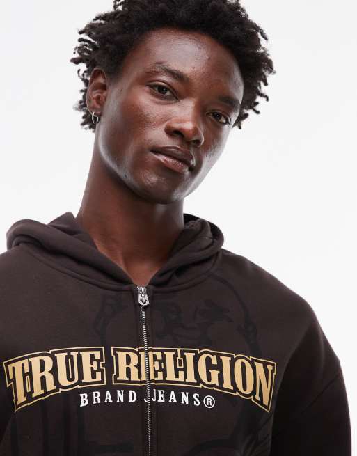 True Religion Big T logo detail zip up hoodie in brown part of a