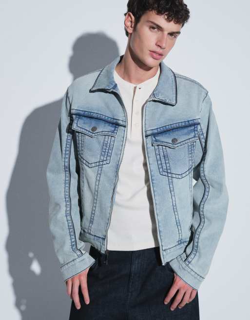True Religion big T moto denimjacka set i ljusblå tvätt, 4 av 5