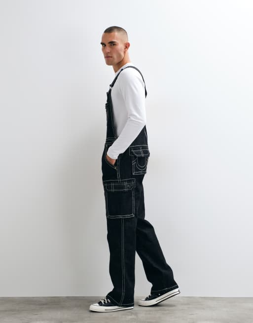 True Religion big t straight fit overall dungarees in black wash, 2 of 5