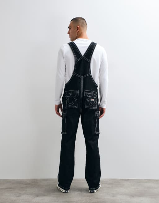 True Religion big t straight fit overall dungarees in black wash, 3 of 5