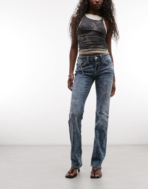 True Religion - Billie - Jeans dritti a vita medio alta con tasche con patta lavaggio blu medio - view 1