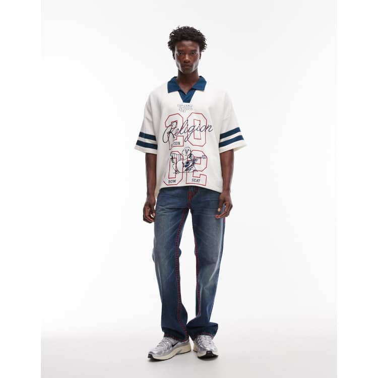 True Religion Billy super T red stitch flap pocket jeans in mid