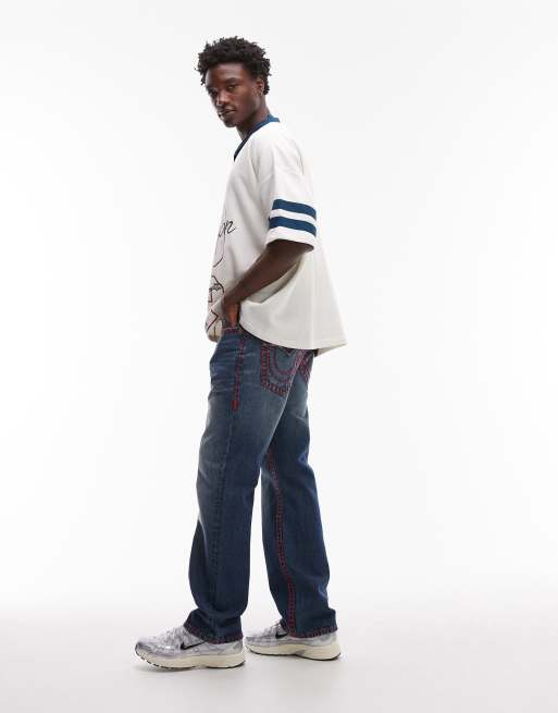 True Religion Billy super T red stitch flap pocket jeans in mid