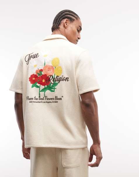 True Religion – Blekt sandfärgad, stickad skjorta med blommotiv, del av set - view 1