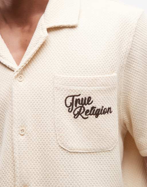 True Religion – Blekt sandfärgad, stickad skjorta med blommotiv, del av set, 3 av 5