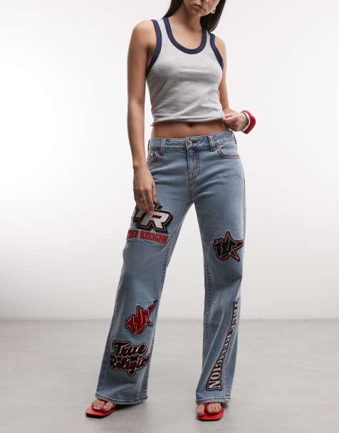 True Religion Bobbi baggy moto applique jeans in light wash blue - view 1